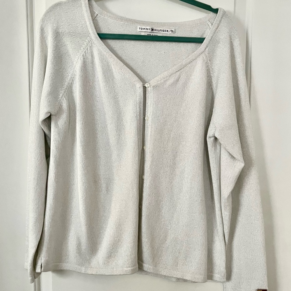 EUC TOMMY HILFIGER Metallic Tone LSL Button Down CardiganSweater, Sz XL
